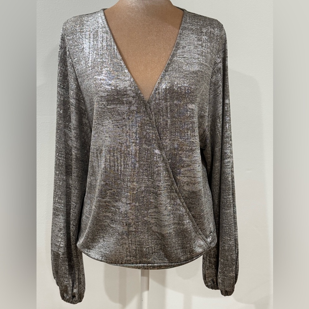 Anthropologie Long Sleeve Blouse Faux Wrap Caris Dolman Top Silver Metallic